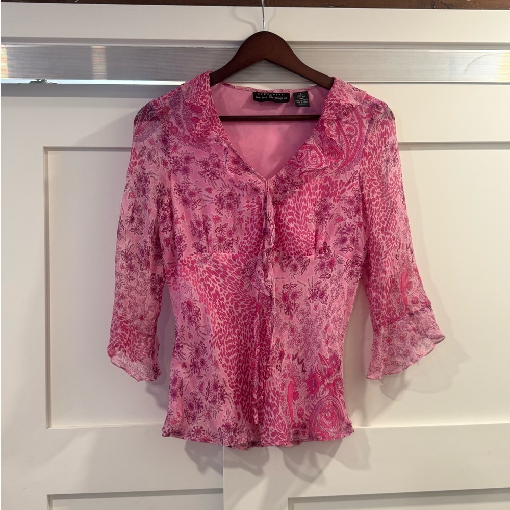 Button-Front Pink Patterned Blouse - Unknown Brand
